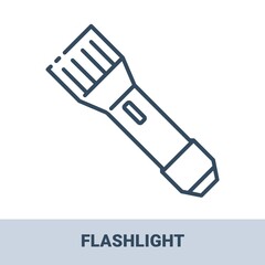 Modern flashlight outline monochrome icon with title. Concept of travel, summer vacation and rest. Vector monochrome illustrations isolated on white background.