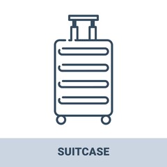 Modern plastic suitcase outline monochrome icon with title. Concept of travel, summer vacation and rest. Vector monochrome illustrations isolated on white background.