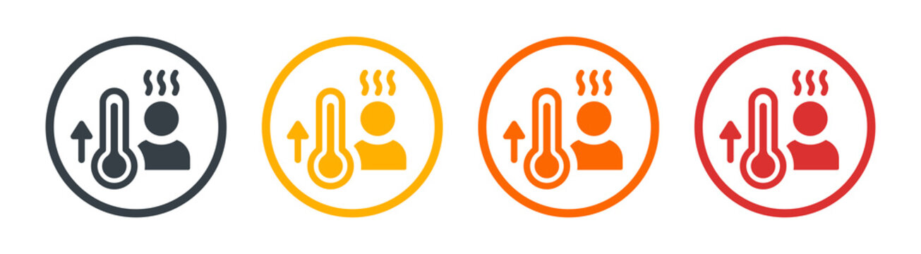 Fever icon vector. Thermometer and person with high body temperature concept. Feverishness symbol