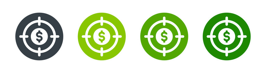 Financial target icon. Business goal concept. Dollar symbol on sniper shot on button sign.