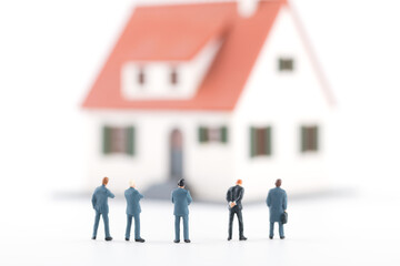 A row of businessmen observing a house model