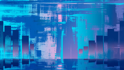 Fototapeta na wymiar Urban techno scenery, digital art. Blue brush strokes on canvas. Futuristic sky and water reflection, pink and teal accents