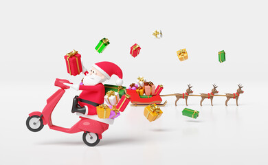 Santa claus with scooter, reindeer sleigh,gift box isolated on white background.website,poster or Happiness cards,festive New Year,online delivery order tracking concept,3d illustration or 3d render