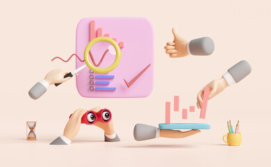 charts and graph with businessman hand,analysis business financial data,magnifying glass,binocular, Online marketing isolated on pink background,business strategy concept ,3d illustration or 3d render