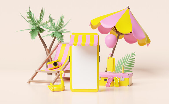 mobile phone or smartphone store front with yellow pink suitcase,beach chair,Inflatable flamingo,palm leaf,shopping paper bags,umbrella,online shopping summer sale concept,3d illustration or 3d render