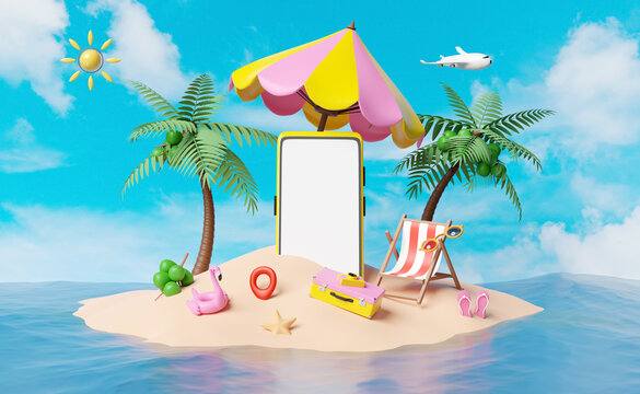mobile phone or smartphone with palms,beach chair,island,coconut,suitcase,umbrella,sandals,plane,surfboard,Inflatable flamingo on blue sky.summer travel vacation concept,3d illustration or 3d render