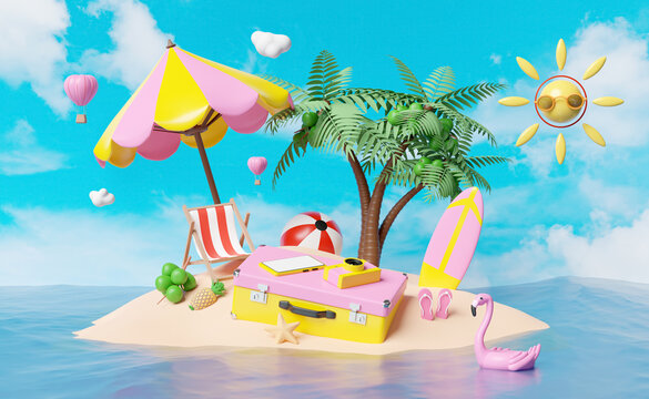 summer travel with yellow suitcase, beach chair,island,camera,umbrella,Inflatable flamingo,coconut tree,sandals,plane,cloud isolated on blue sky background, concept 3d illustration or 3d render