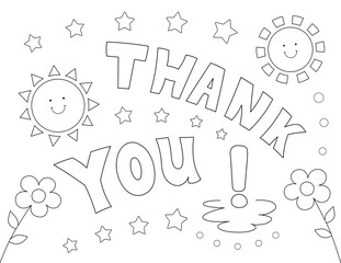 thank you coloring page, black and white illustration with a cartoon sun, flowers and stars. you can print it on standard 8.5x11 inch paper