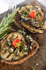 Bruschetta with grilled aubergine and Pachino tomatoes