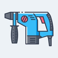 Electric rotary hammer drill vector outline flat icon. Hand construction tool for renovation work.