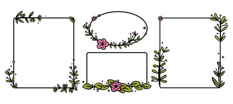 Rustic wreaths dividers with handdrawn flowers. Rectangle and circle doodle wreaths. Doodle vector illustration isolated in white background