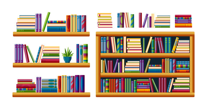 Bookshelves for home library. Piles of bestsellers with shelves, racks and bookcases. Cartoon vector illustration isolated in white background