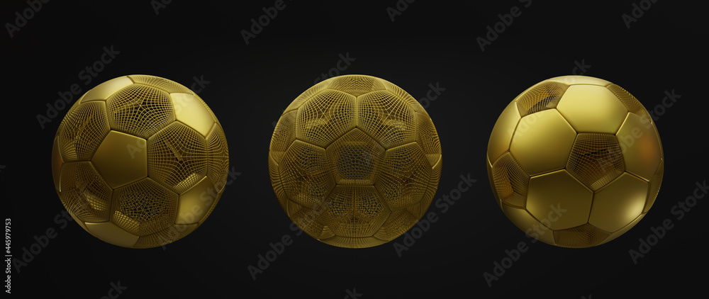 Wall mural 3d rendering golden soccer ball wire frame isolated on black background