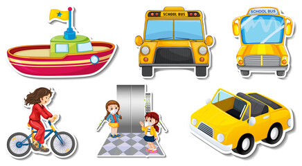 Naklejka premium Random stickers with transportable vehicle objects