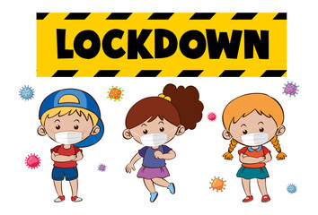 Lockdown font design with many kids wearing medical mask on white background