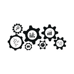 Vector icon, set of gears, graph, magnifier, symbol of business and technical process. Flat illustration, minimal design, black silhouette, eps 10.