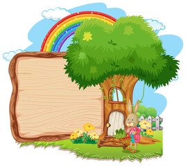 Empty wooden board with a rabbit in the garden isolated