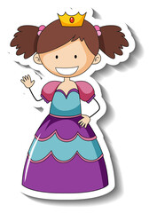 Sticker template with a little princess cartoon character isolated