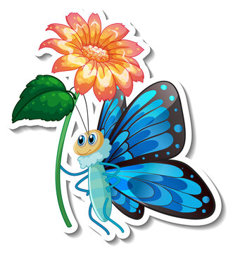 Sticker template with cartoon character of a butterfly holding a flower isolated