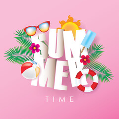 Summer Time Holiday Illustration with 3D Typography Letter on Pink Background. Summer Vector Design for Banner, Flyer, Invitation, Brochure