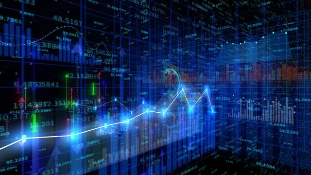 4K financial stock chart;Business tech digital Data trend hud Graph;Financial business diagram with charts and stock numbers showing profits and losses over time dynamically.world map.