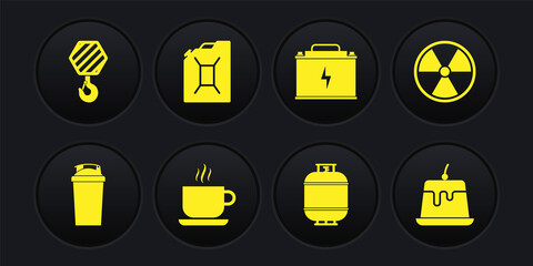 Set Fitness shaker, Radioactive, Coffee cup, Propane gas tank, Car battery and Canister for gasoline icon. Vector