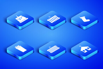 Set Church building, Pudding custard, Heating radiator, Fitness shaker, and Christmas sock icon. Vector