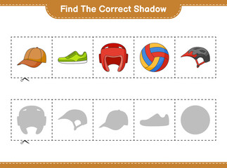 Find the correct shadow. Find and match the correct shadow of Bicycle Helmet, Boxing Gloves, Cap Hat, Volleyball, and Sneaker. Educational children game