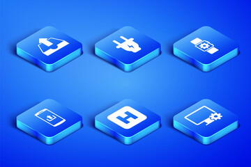 Set Computer monitor and gear, Upload inbox, Hospital, Smartphone with upload, Electric plug and Smartwatch setting icon. Vector