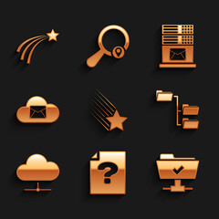 Set Falling star, Unknown document, FTP operation successful, Folder tree, Network cloud connection and Cloud mail server icon. Vector