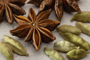 Cardamom and anise closeup on a porous background, studio shot.
