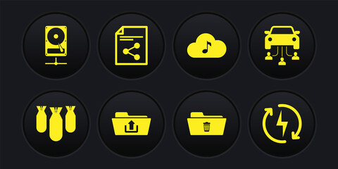 Set Aviation bombs, Car sharing, Folder upload, Delete folder, Music streaming service and Share file icon. Vector
