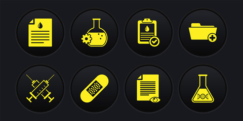 Set Crossed syringe, Health record folder, Bandage plaster, Paper page with eye, Clipboard blood test and Bioengineering icon. Vector