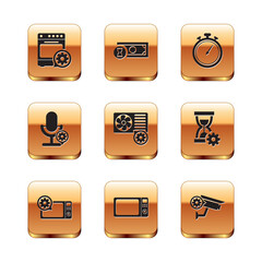 Set Oven setting, Microwave oven, , Air conditioner, Microphone and Stopwatch icon. Vector