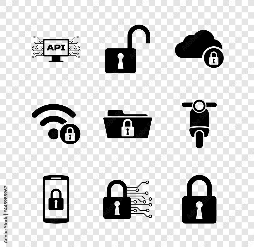 Poster set computer api interface, open padlock, cloud computing, smartphone with, cyber security and lock 