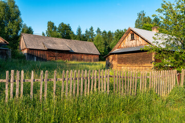 Fototapeta na wymiar Two old, wooden barns situated between green trees, on a meadow. Forest in the background. Krasnobród, Roztocze, Poland.