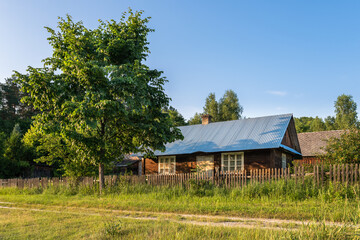 Old, wooden farm house, situated in the countryside, between the trees in the summertime. Krasnobród, Roztocze, Poland.