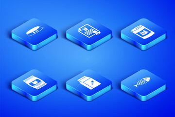 Set Fish skeleton, Pet food bowl, Bag of for cat, , Certificate dog and Canned icon. Vector