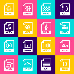 Set CSS file document, OTF, MOV, PNG, AVI and WAV icon. Vector