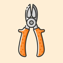 Opened cut wire cutters color icon. Vector outline flat icon on yellow background. Hand construction tool for renovation work.