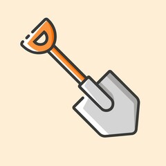 Farm shovel with orange handle colorful icon. Vector outline flat icon on yellow background. Hand construction tool for renovation work.