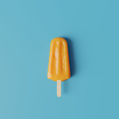 Orange stick ice cream melting on blue background. Minimal summer concept. 3d rendering