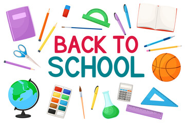 Cartoon set of school items. Back to school. Vector illustration isolated on white background. Elements of study. Notebooks and office
