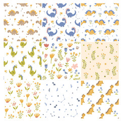 Set of dinosaur and floral patterns. Vector illustration.