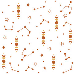 Abstract line art seamless pattern with stars and rainbows. Vector illustration.