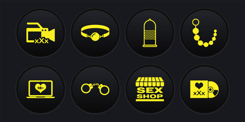 Set Laptop with 18 plus content, Anal beads, Handcuffs, Sex shop building, Condom safe sex, Silicone ball gag, Disc inscription and Video camera icon. Vector