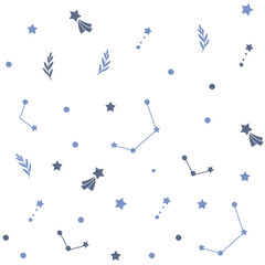 Abstract line art seamless pattern with stars and rainbows. Vector illustration.