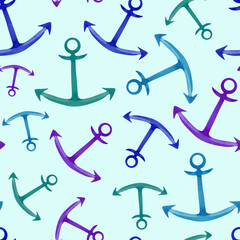 Watercolor anchor seamless marine pattern. 