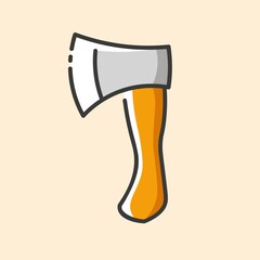 Woodcutter metal ax with handle made of wood colorful icon. Vector outline flat icon on yellow background. Hand construction tool for renovation work.