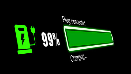 Colorful electric vehicle car charging battery indicating progress of the increasing with percentage show fill up to 100%